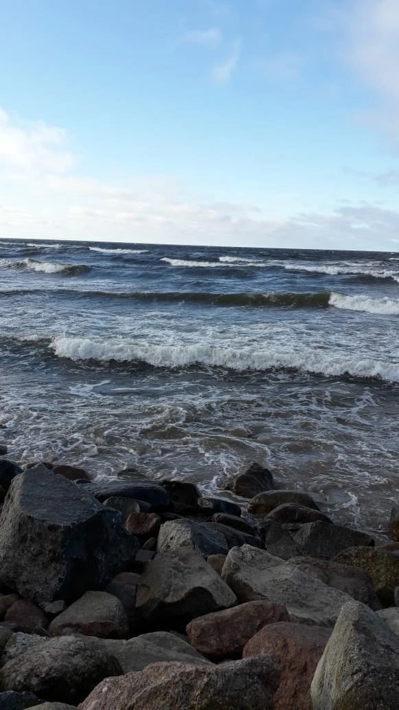 Вид на Балтийское море и деревянные волнорезы городского ...