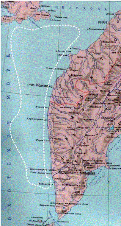 Топографическая карта Охотское море, высота, рельеф