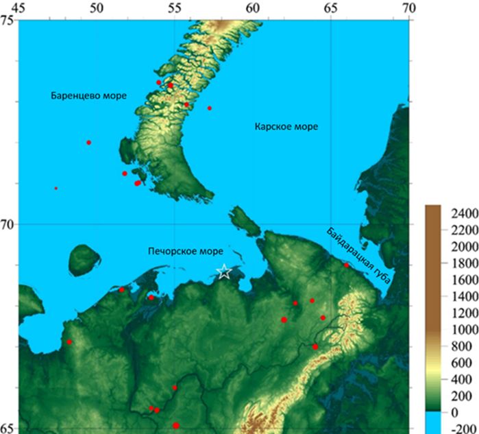 Карта месторождений и структур Баренцева и Карского морей