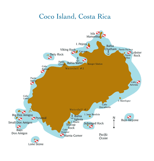 карты : Карта мест для дайвинга острова Кокос, Коста-Рика ...