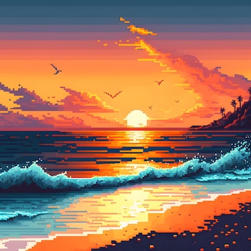 Pixel Art 80s закат 8bit солнце Synthwave и Retrowave стиль ...