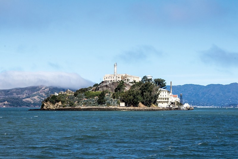 Alcatraz Island and Prison, aerial view from helicopter on a ...