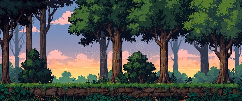 Forest, Retro computer games level. Pixel art video game ...