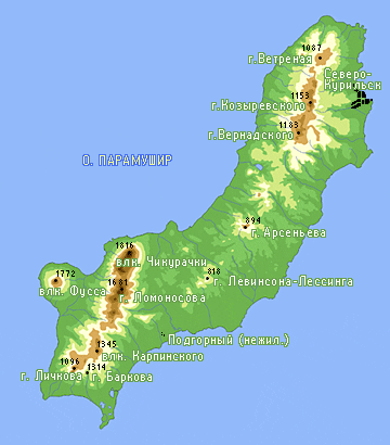Топографическая карта Курильские острова, высота, рельеф